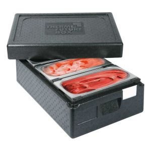 Ice cream Thermobox suitable for 3 ice cream containers. Vue open with 3 full ice cream containers.